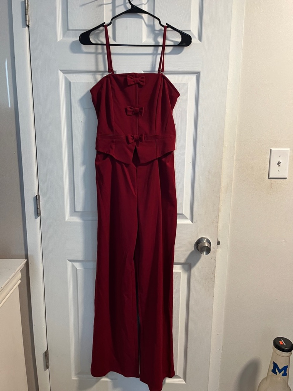 Bow-Accent Wine Red Wide-Leg Jumpsuit